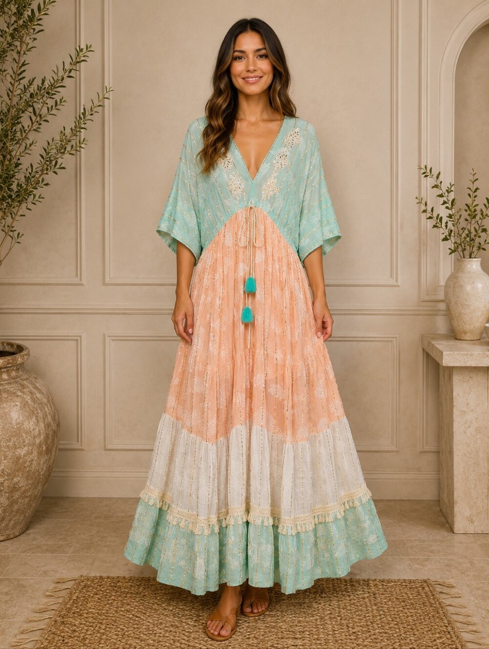 Zury Boho Maxi Dress Free Size 100% Viscose Sequined Embroidered Kaftan